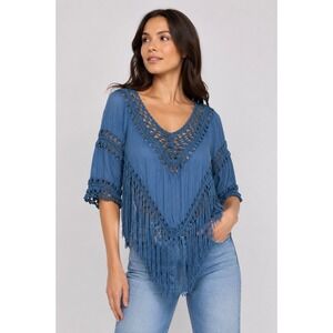 Metric Crochet Fringe Blouse Womens XL Blue Boho V-Neck 3/4 Sleeve Top